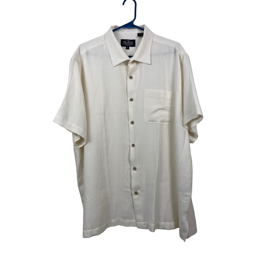 Nat Nast Luxury Originals Mens XL Ivory Silk Cotton Herringbone Camp Shirt
